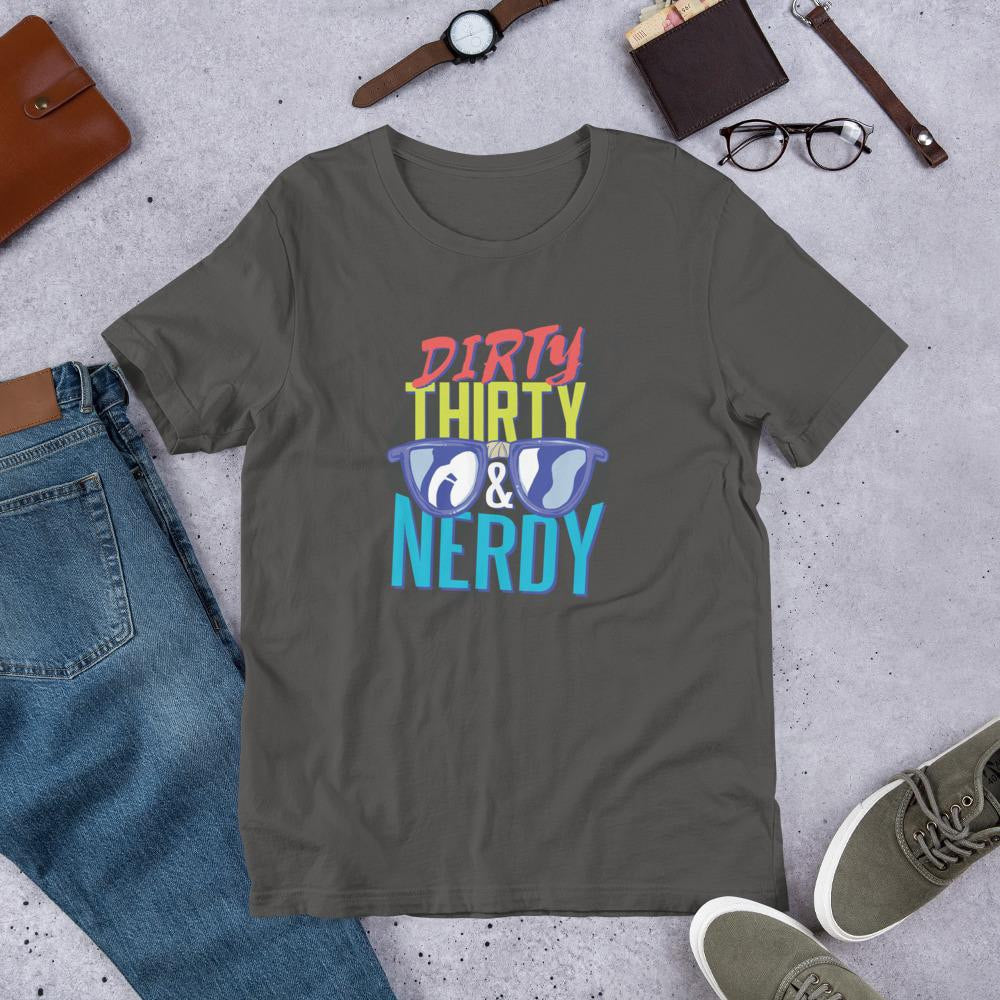 Dirty Thirty & Nerdy graphic tee front – Fourth Dimension Club