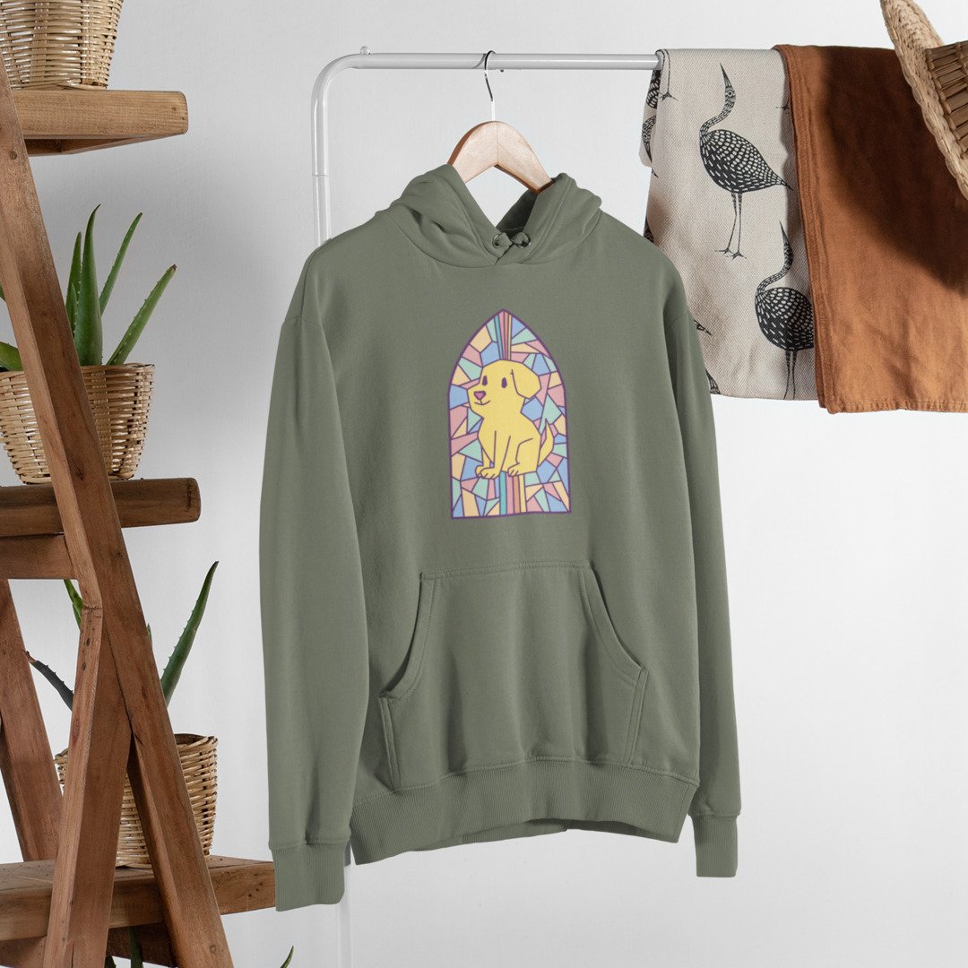 Dog In Church Window Unisex Hooded Sweatshirt — Olive
