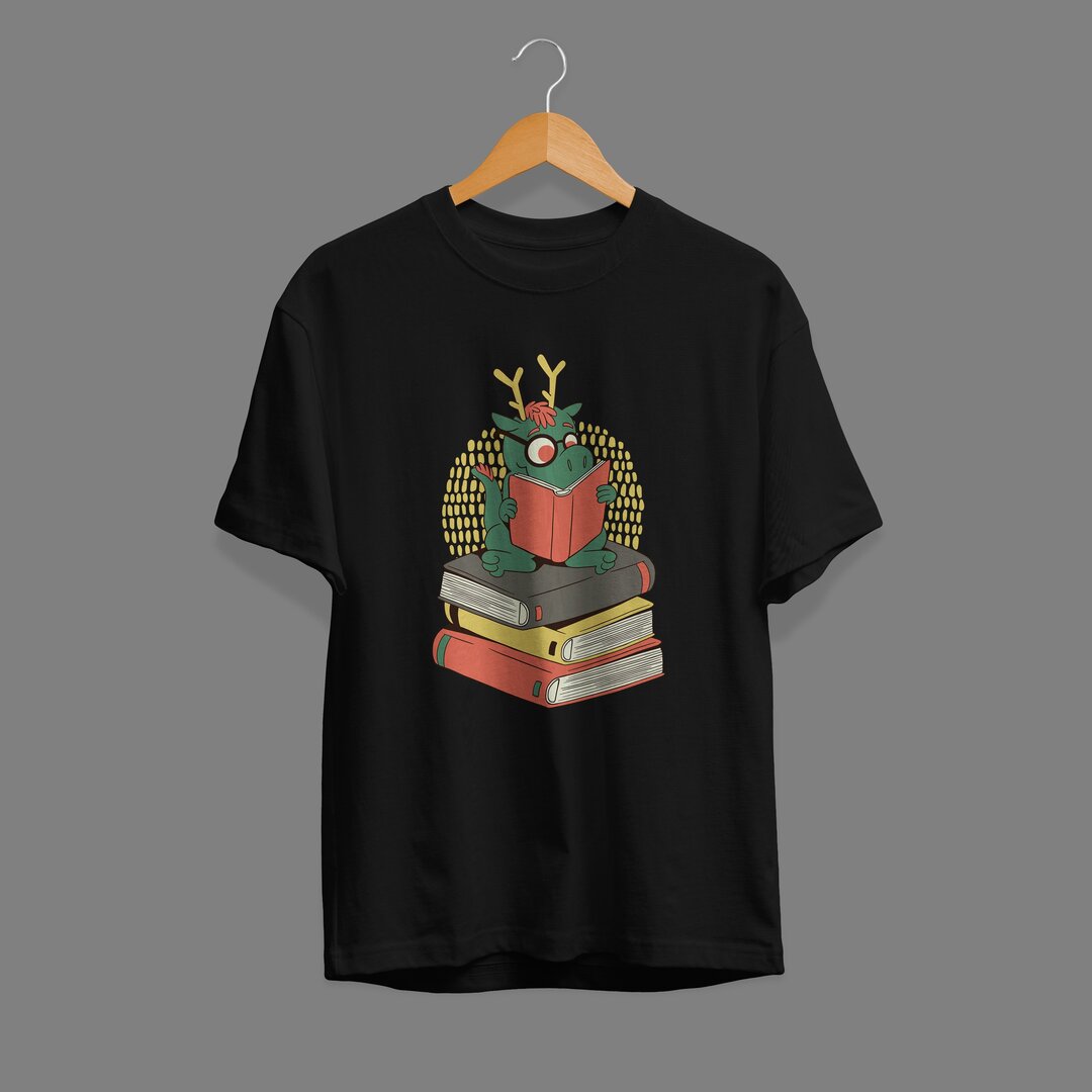Dragon On Books Unisex Half Sleeve T-Shirt — Black