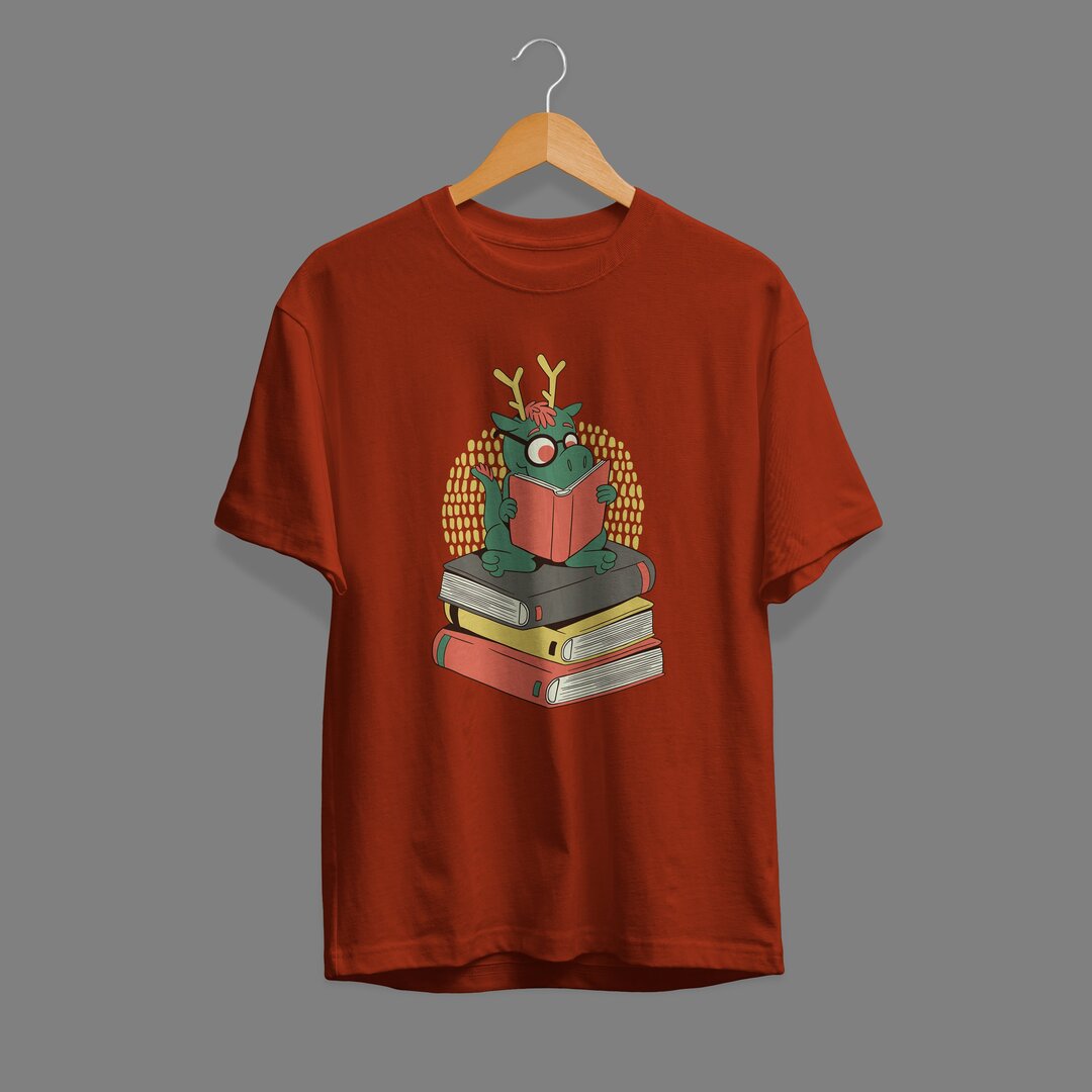Dragon On Books Unisex Half Sleeve T-Shirt — Brick Red