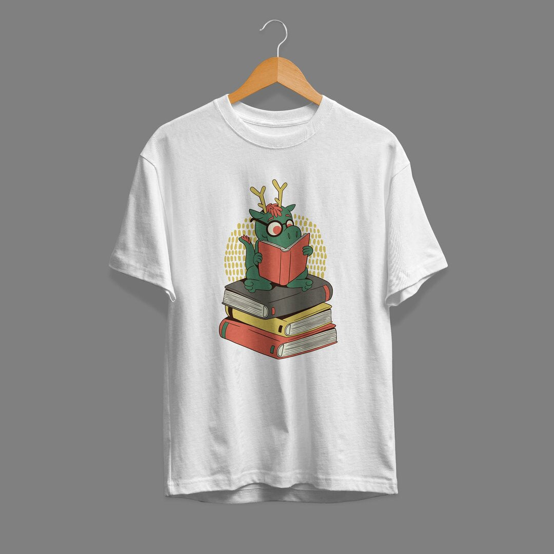 Dragon On Books Unisex Half Sleeve T-Shirt — White