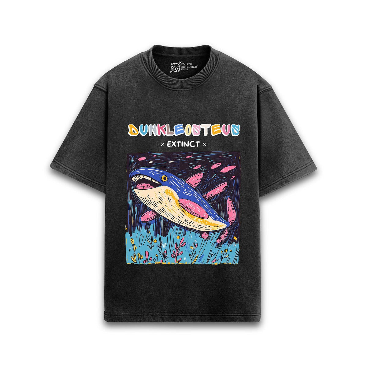 Cotton acid wash oversized t-shirt with Dunkleosteus print