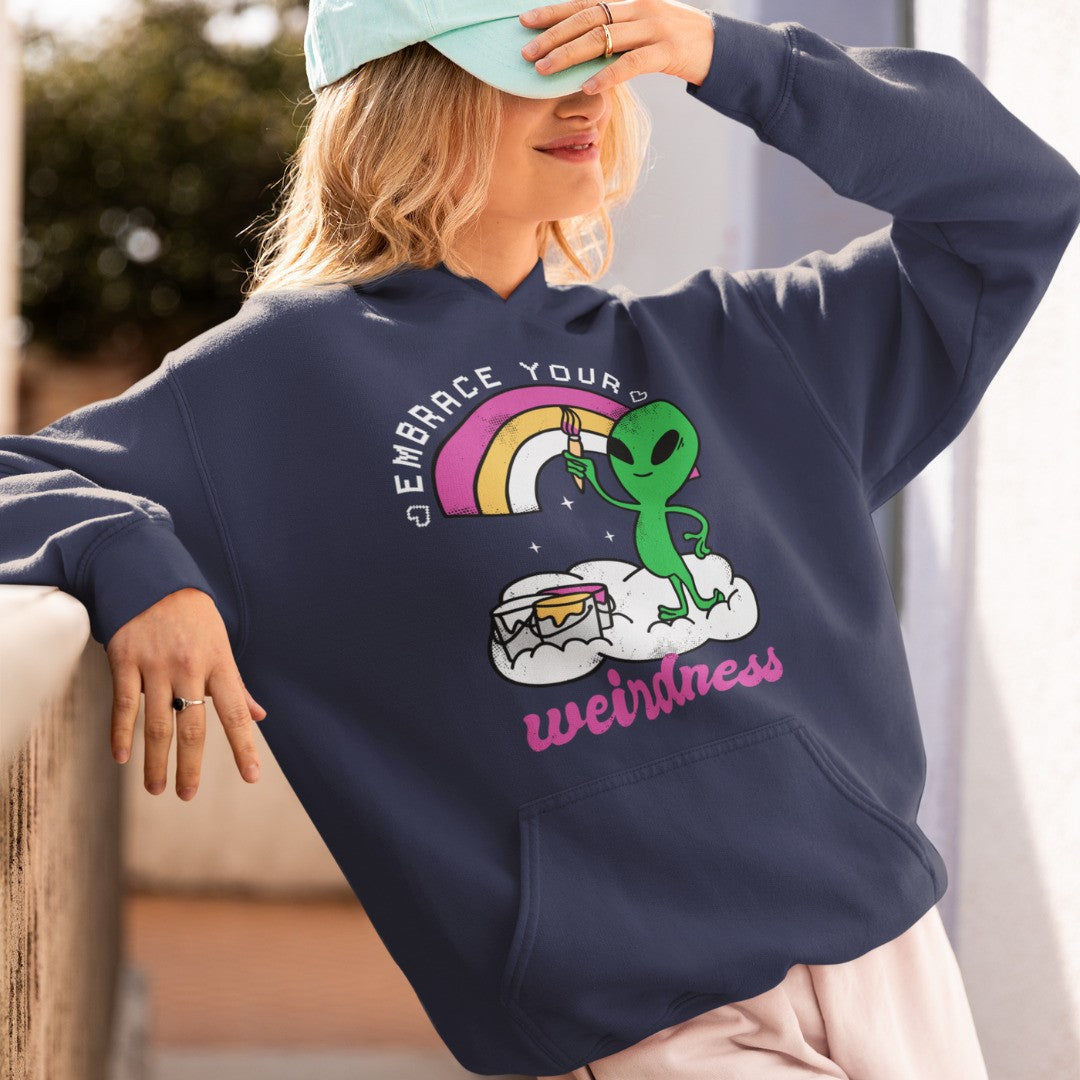 Cotton hoodie with Embrace Your Weirdness Alien print