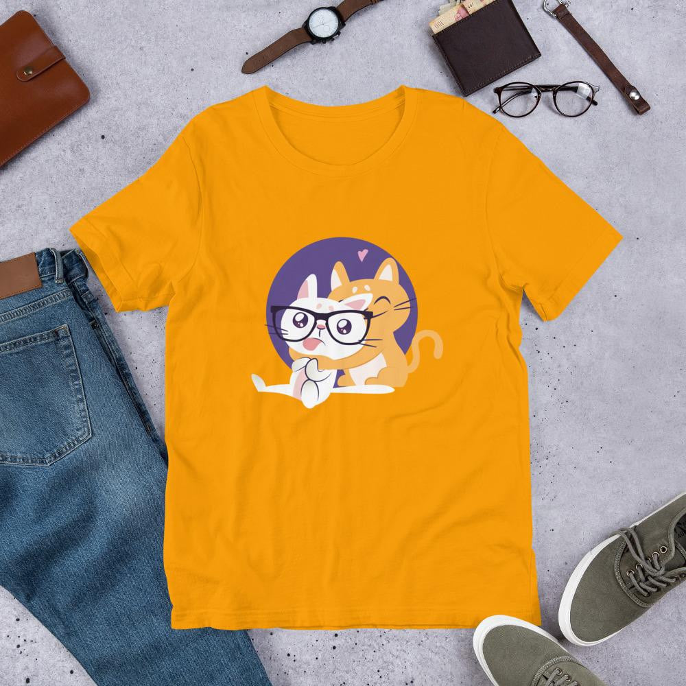 Nerd Cat Half Sleeve T-Shirt — Gold