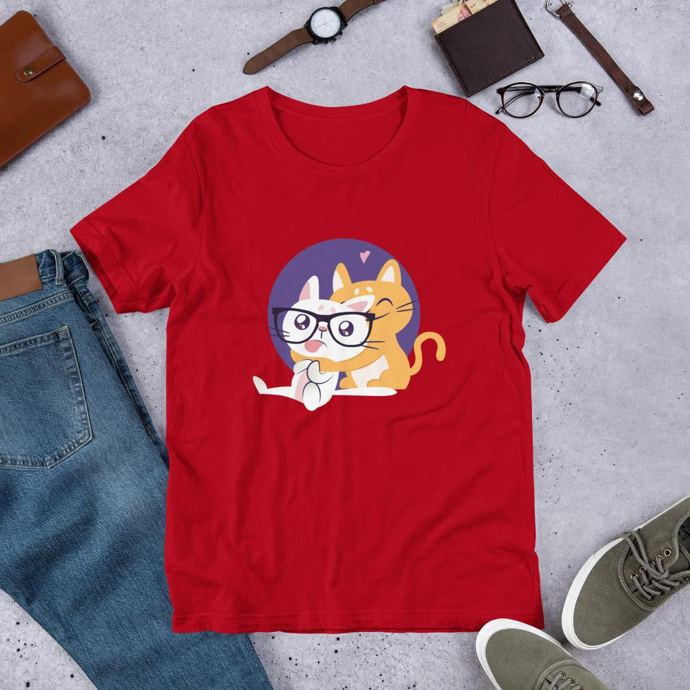 Nerd Cat Half Sleeve T-Shirt — Red