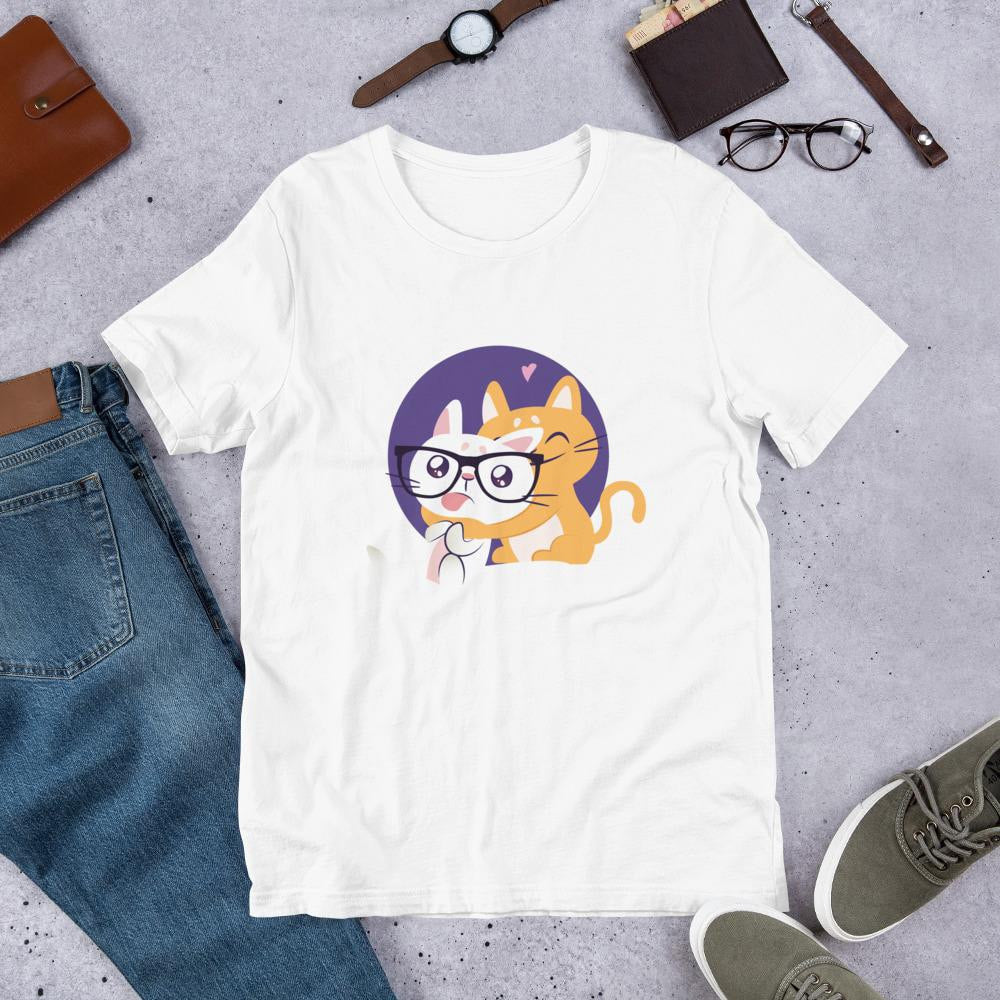 Nerd Cat Half Sleeve T-Shirt — White