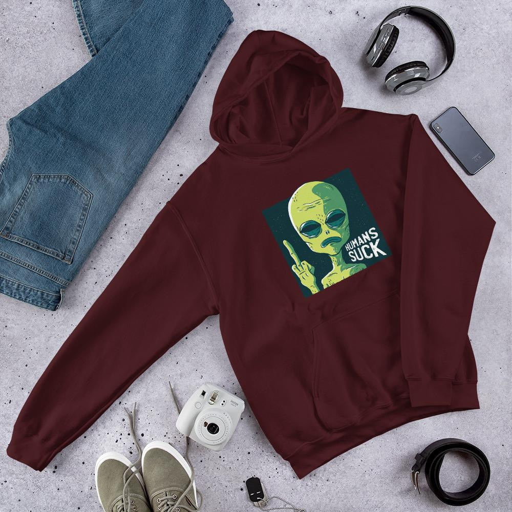Humans Suck Alien Unisex Hooded Sweatshirt — Maroon