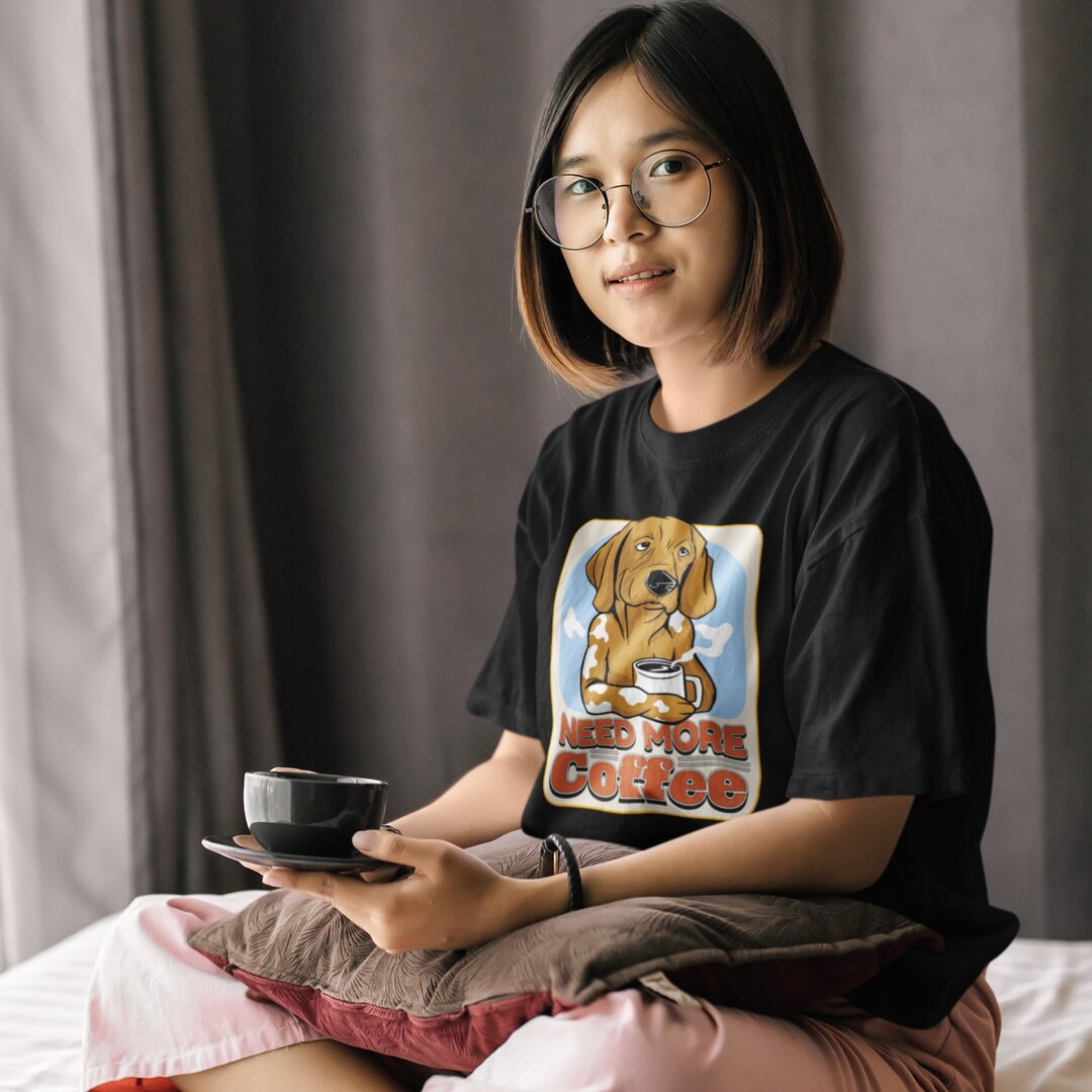 Need More Coffee oversized tee front graphic – Fourth Dimension Club