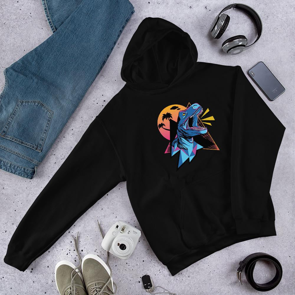 Neon Dinosaur Unisex Hooded Sweatshirt — Black