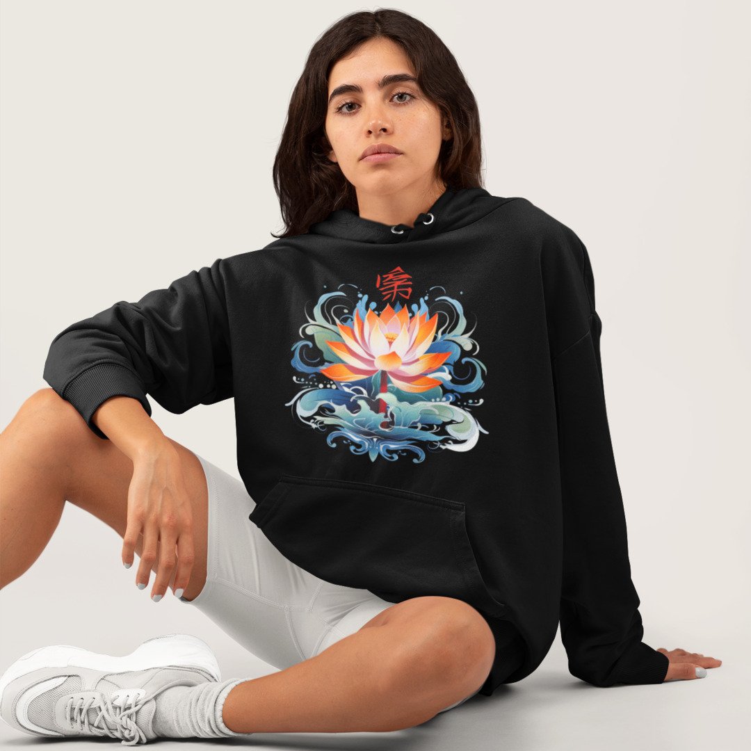 Cotton hoodie with Oriental Lotus print