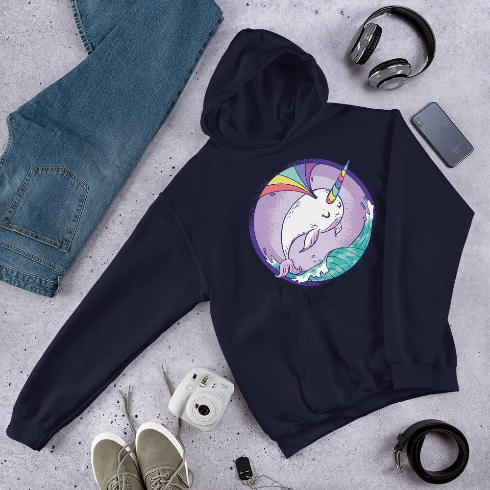 Rainbow Whale Unisex Hooded Sweatshirt — Navy