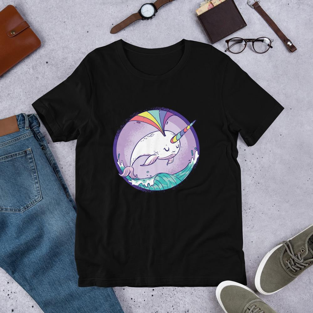 Rainbow Unicorn Whale Half Sleeve T-Shirt — Black