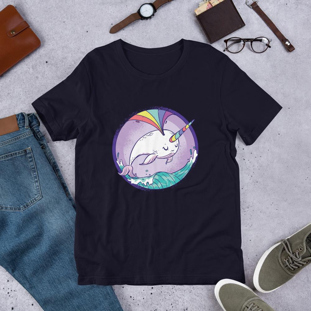 Rainbow Unicorn Whale Half Sleeve T-Shirt — Navy