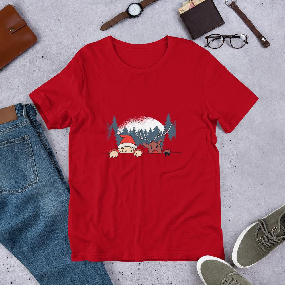 Santa & Reindeer Half Sleeve T-Shirt — Red