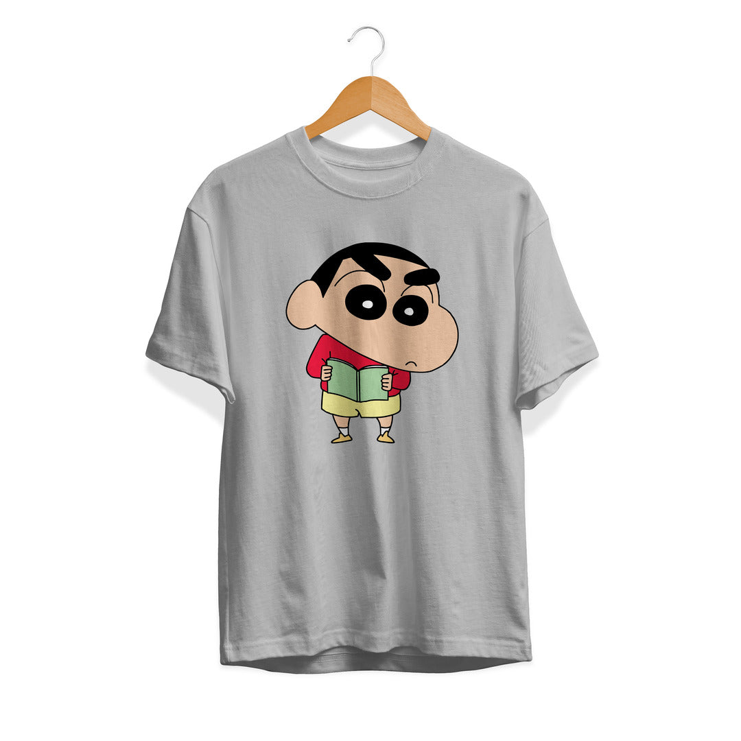 Shinchan With Book Unisex Half Sleeve T-Shirt — Grey