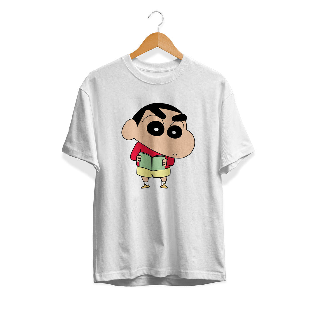 Shinchan With Book Unisex Half Sleeve T-Shirt — White