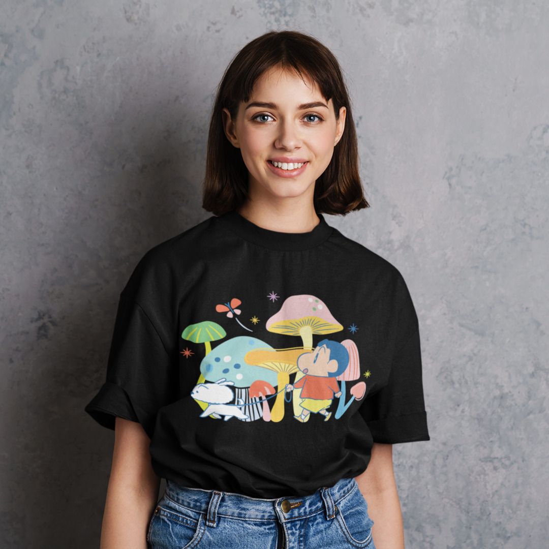 Shiro's Walk & Mushrooms Unisex Oversized T-Shirt — Black