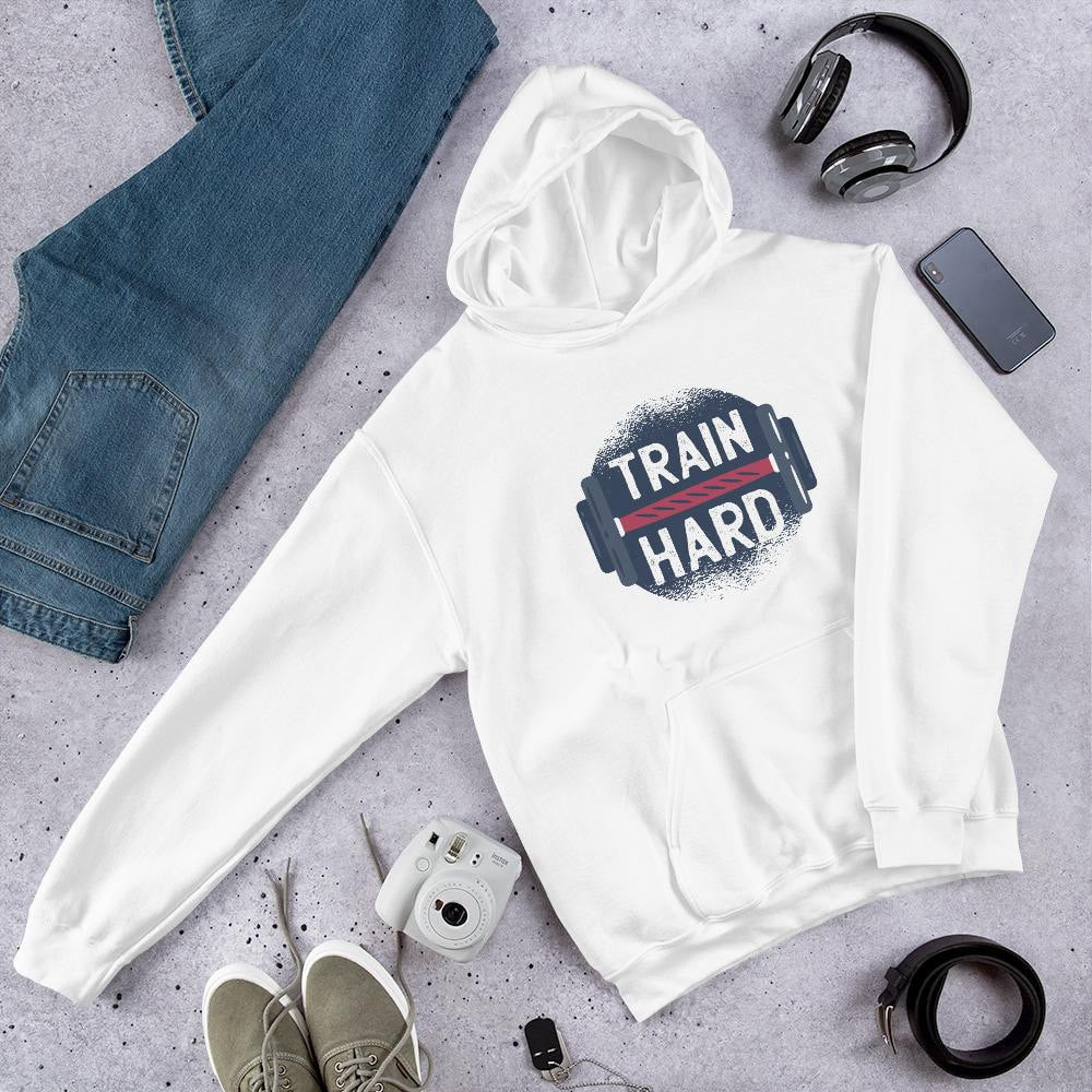 Train Hard Unisex Hooded Sweatshirt — White