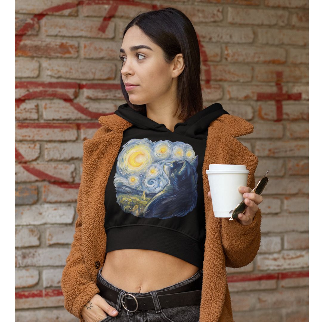 Van Gogh Cat Crop Hoodie — Black