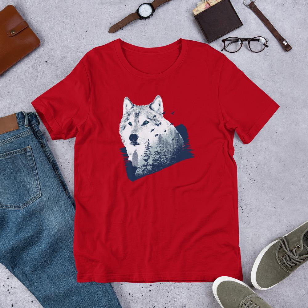Forest Wolf Half Sleeve T-Shirt — Red