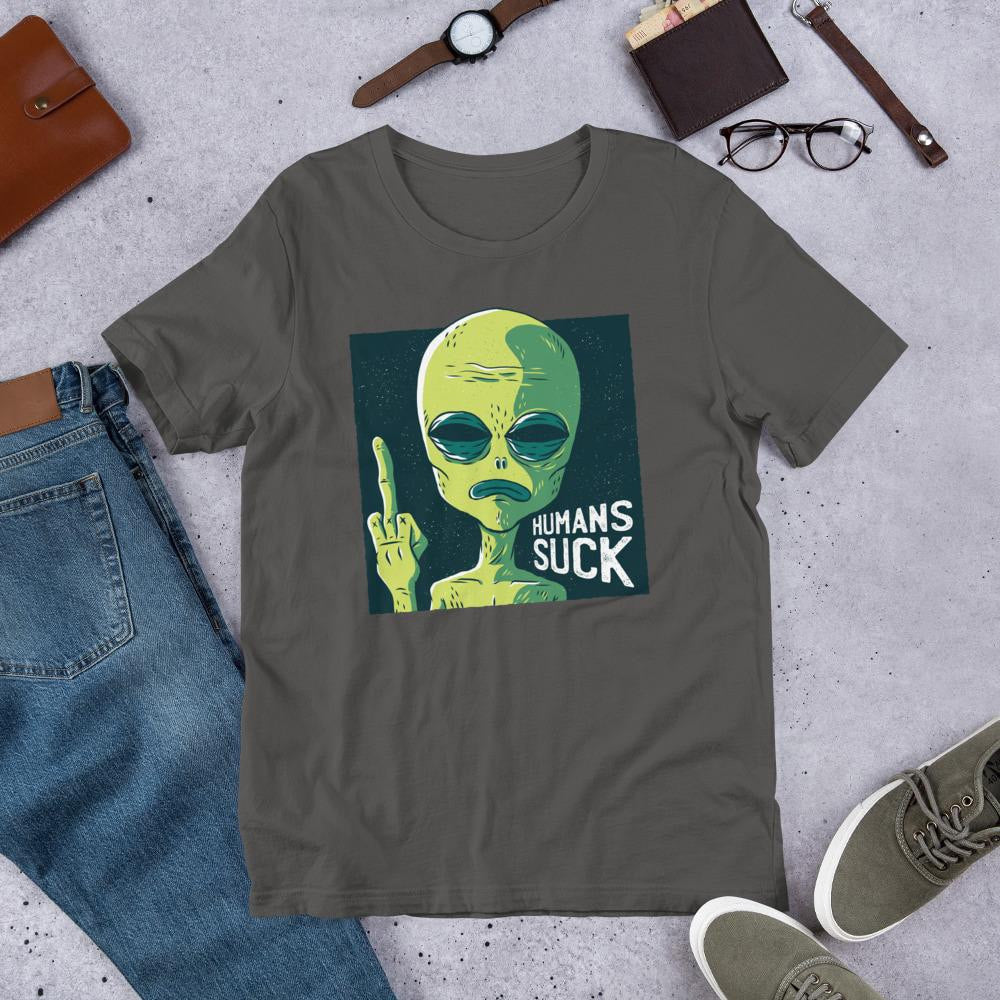 Humans Suck Alien Half Sleeve T-Shirt — Charcoal