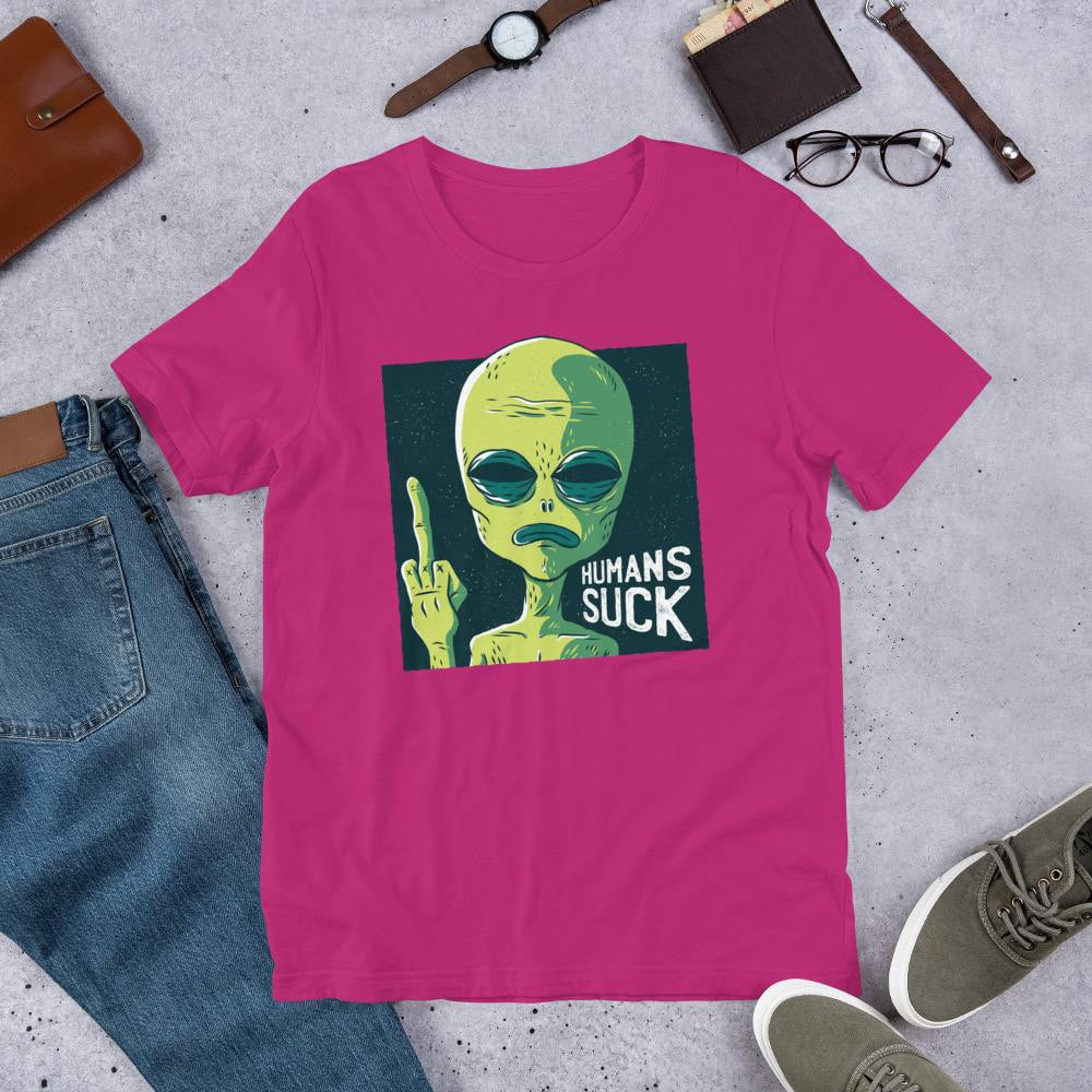 Humans Suck Alien Half Sleeve T-Shirt — Pink