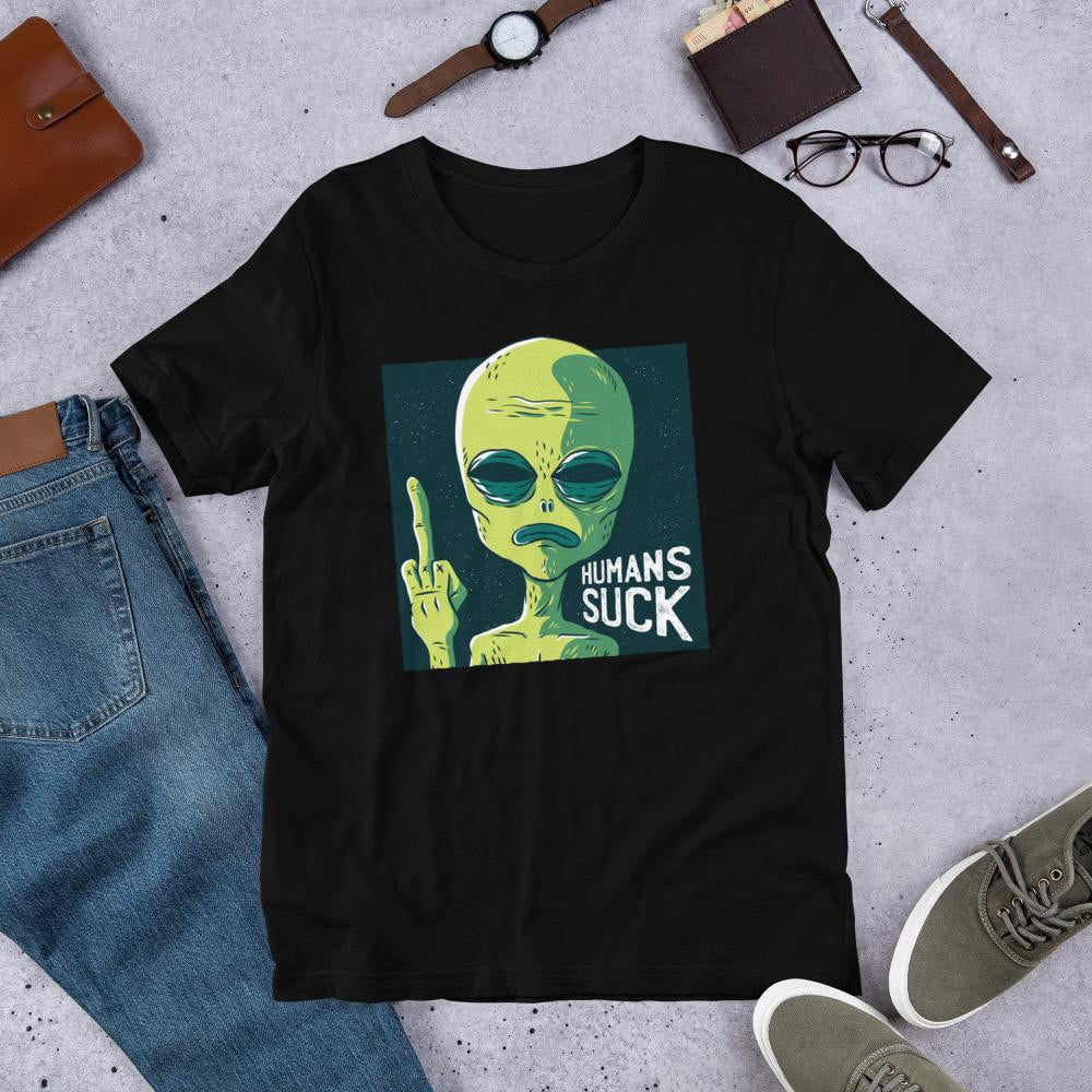 Humans Suck Alien Half Sleeve T-Shirt — Black