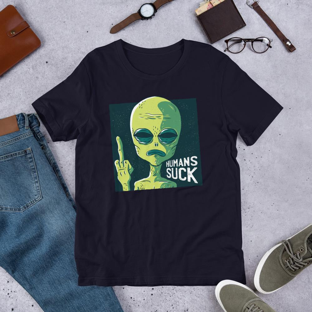 Humans Suck Alien Half Sleeve T-Shirt — Navy