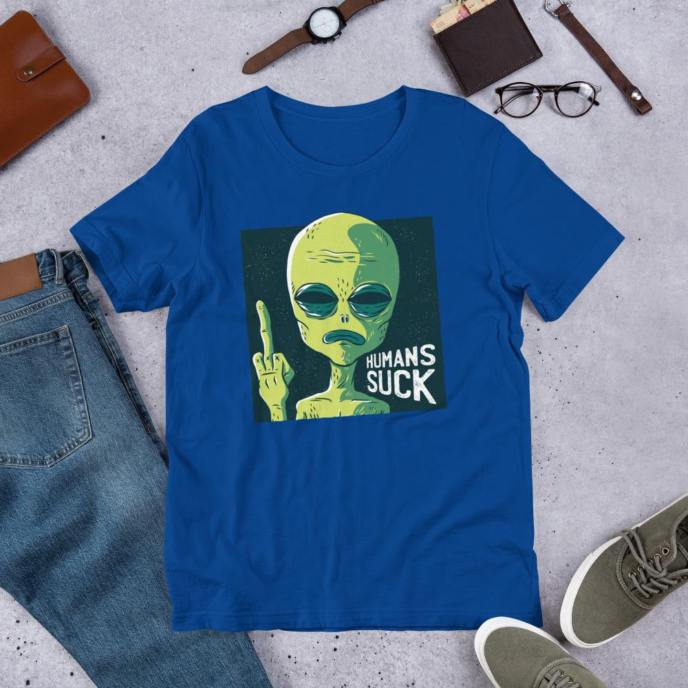 Humans Suck Alien Half Sleeve T-Shirt — Blue