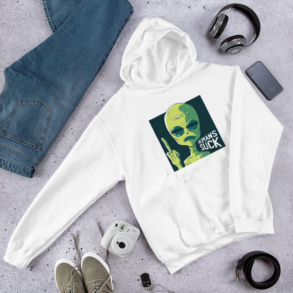 Humans Suck Alien Unisex Hooded Sweatshirt — White