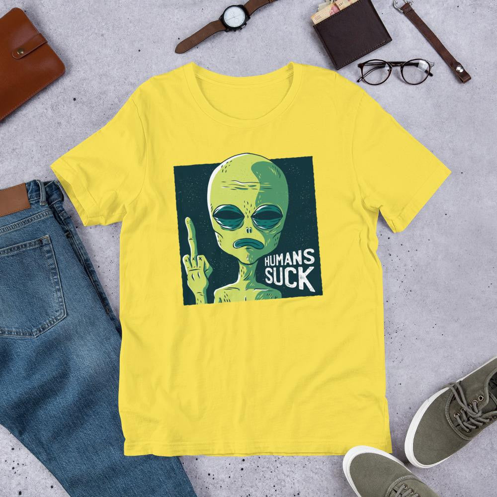 Humans Suck Alien Half Sleeve T-Shirt — Yellow