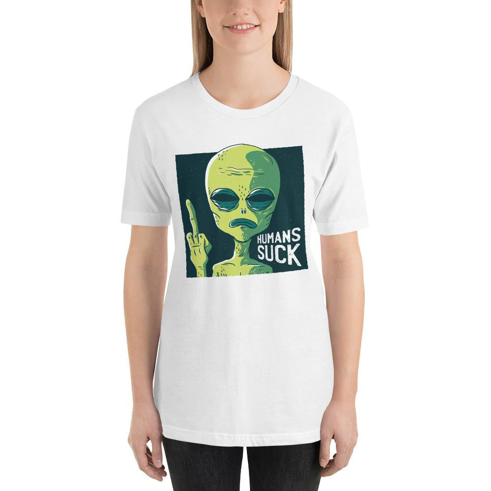 Humans Suck Alien graphic tee front view – Fourth Dimension Club