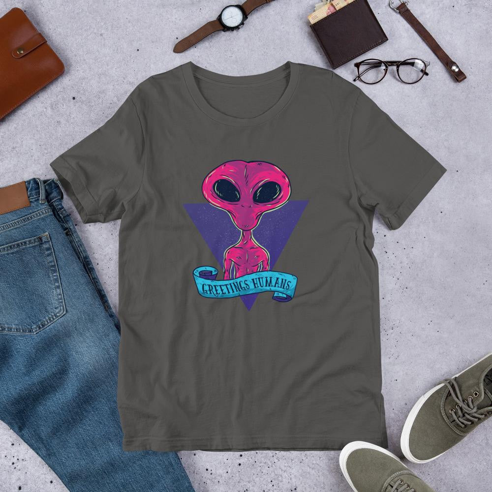 Greetings Humans alien tee front graphic – Fourth Dimension Club