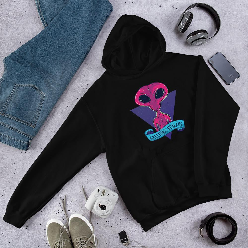 Greetings humans Unisex Hooded Sweatshirt — Black