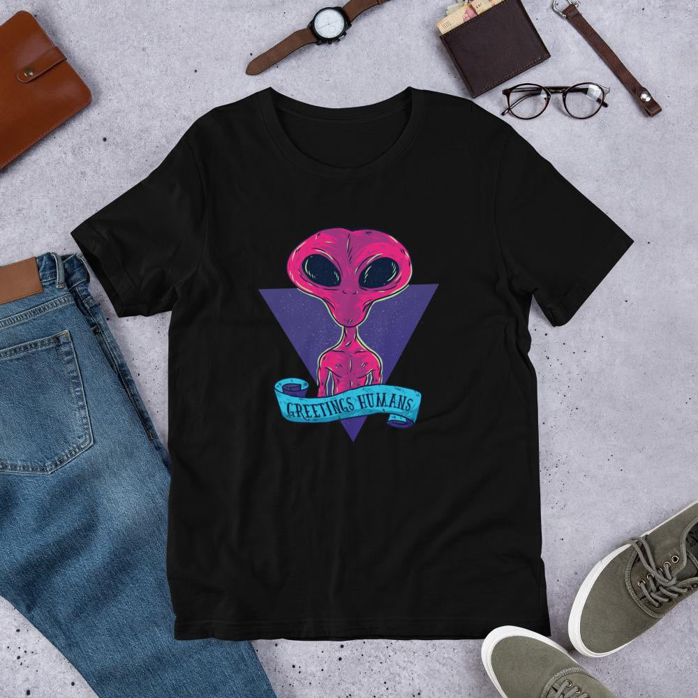 Greetings Humans Half Sleeve T-Shirt — Black