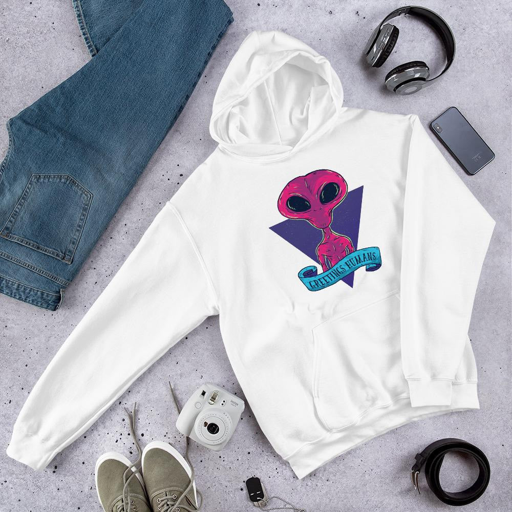 Greetings Humans alien hoodie front graphic – Fourth Dimension Club