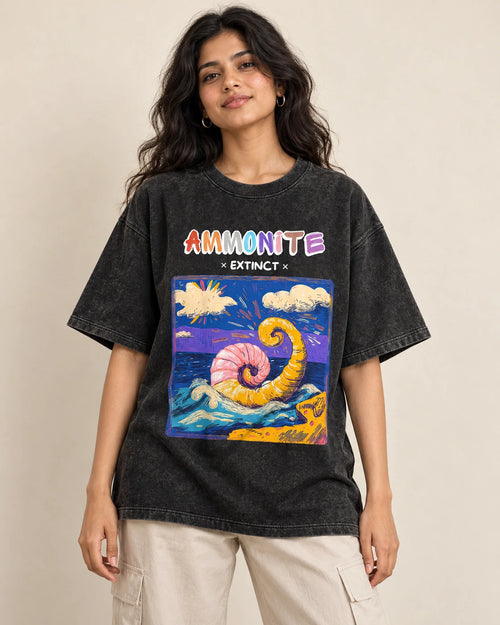 Ammonite black acid wash oversized T-shirt from the Ancient Archives collection by Fourth Dimension Club, front view on model