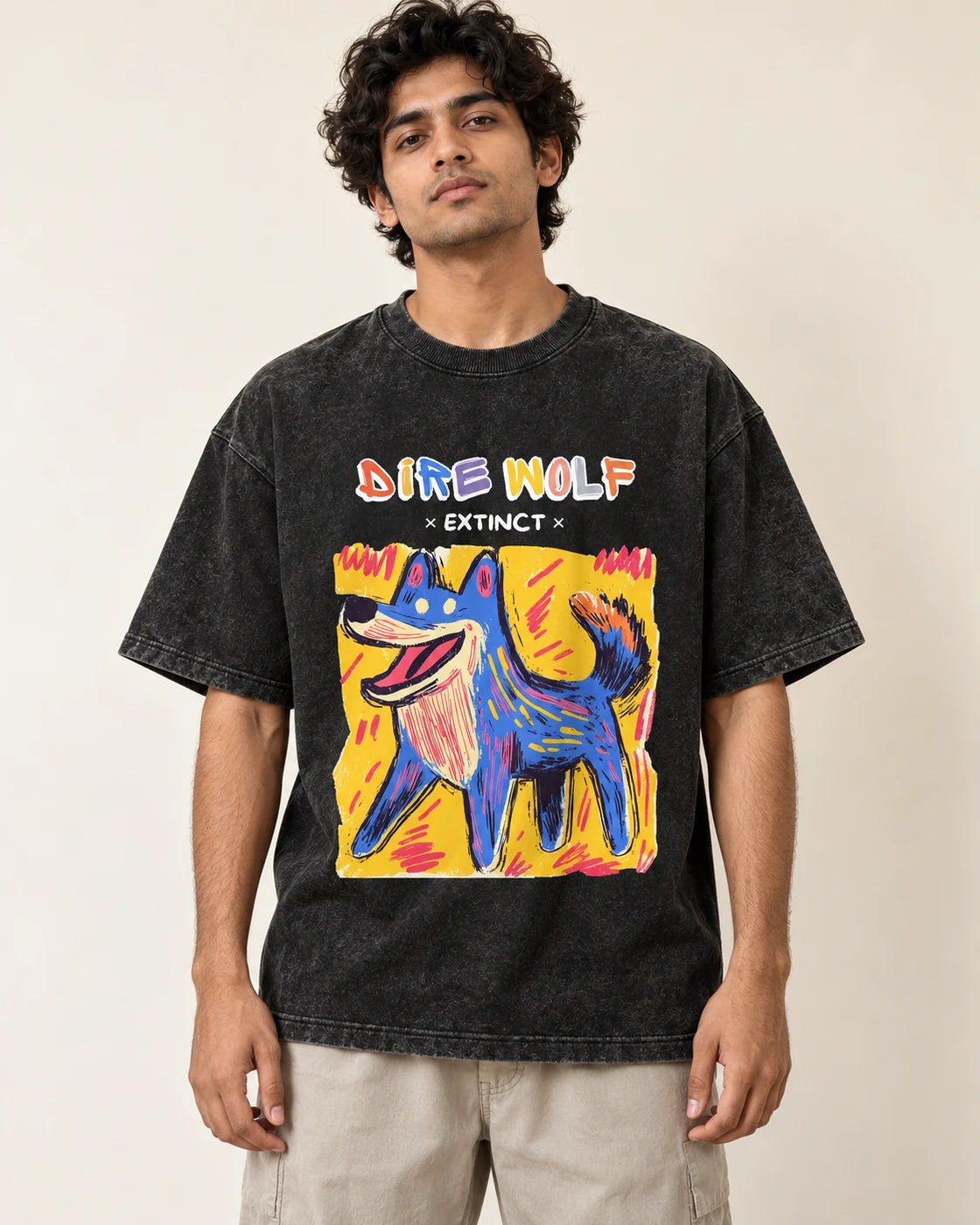 Dire Wolf black acid wash oversized T-shirt from the Ancient Archives collection by Fourth Dimension Club, front view on model