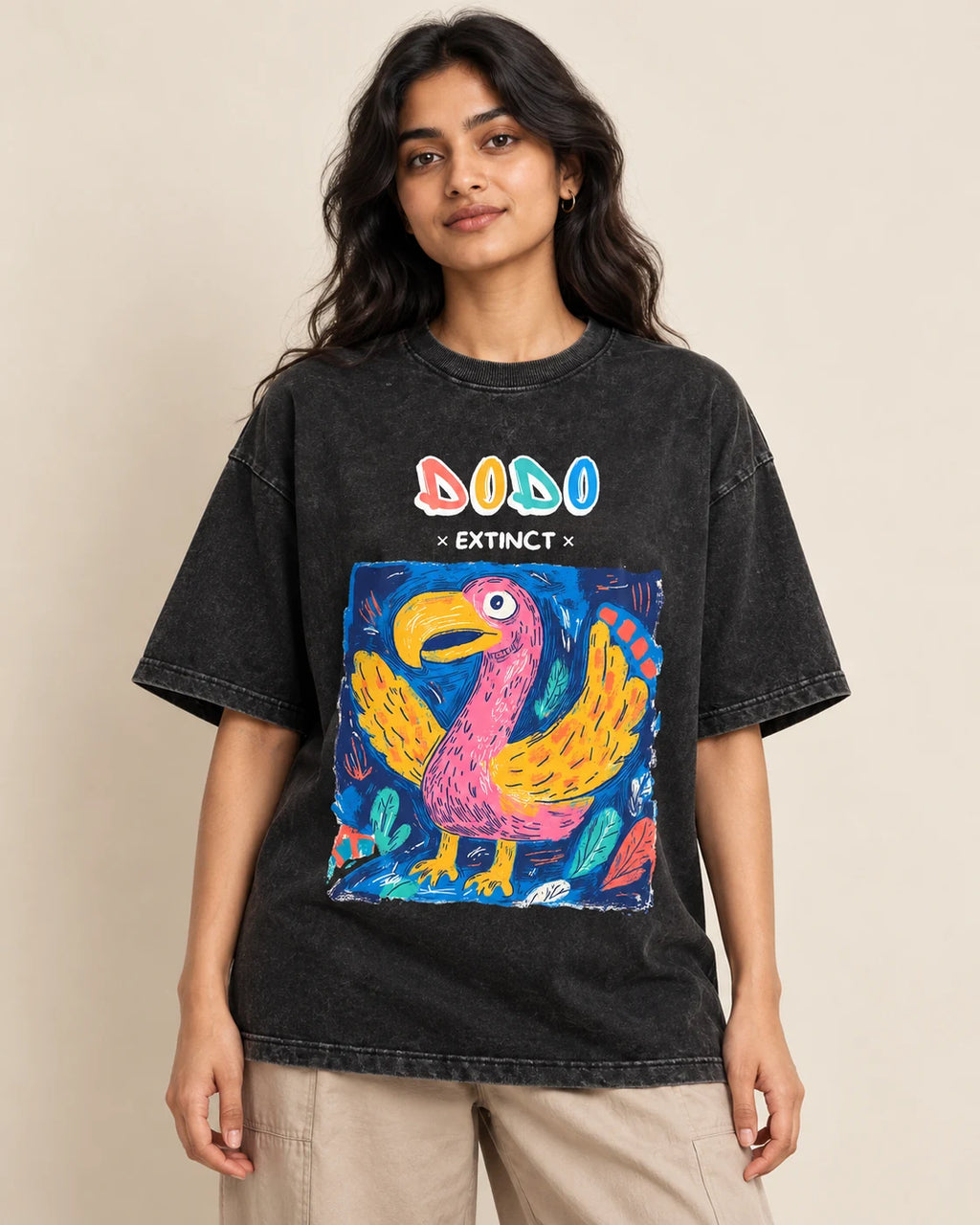 Dodo black acid wash oversized T-shirt from the Ancient Archives collection by Fourth Dimension Club, front view on model