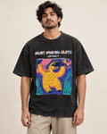 Giant Ground Sloth black acid wash oversized T-shirt from the Ancient Archives collection by Fourth Dimension Club, front view on model