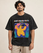 Giant Ground Sloth black acid wash oversized T-shirt from the Ancient Archives collection by Fourth Dimension Club, front view on model