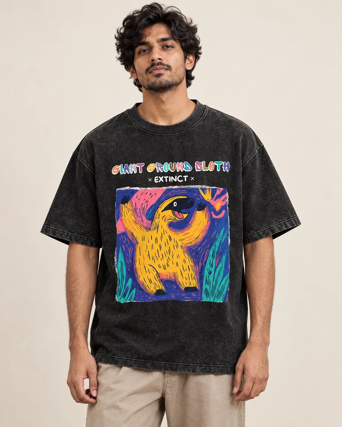 Giant Ground Sloth black acid wash oversized T-shirt from the Ancient Archives collection by Fourth Dimension Club, front view on model