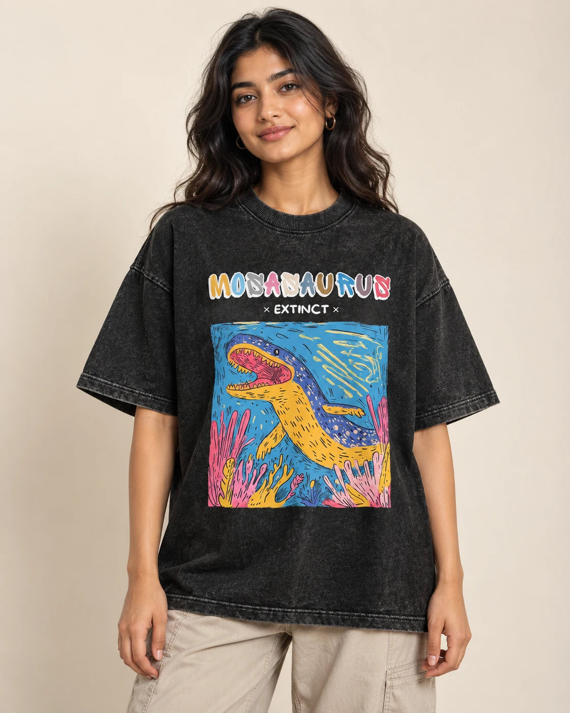 Mosasaurus black acid wash oversized T-shirt from the Ancient Archives collection by Fourth Dimension Club, front view on model