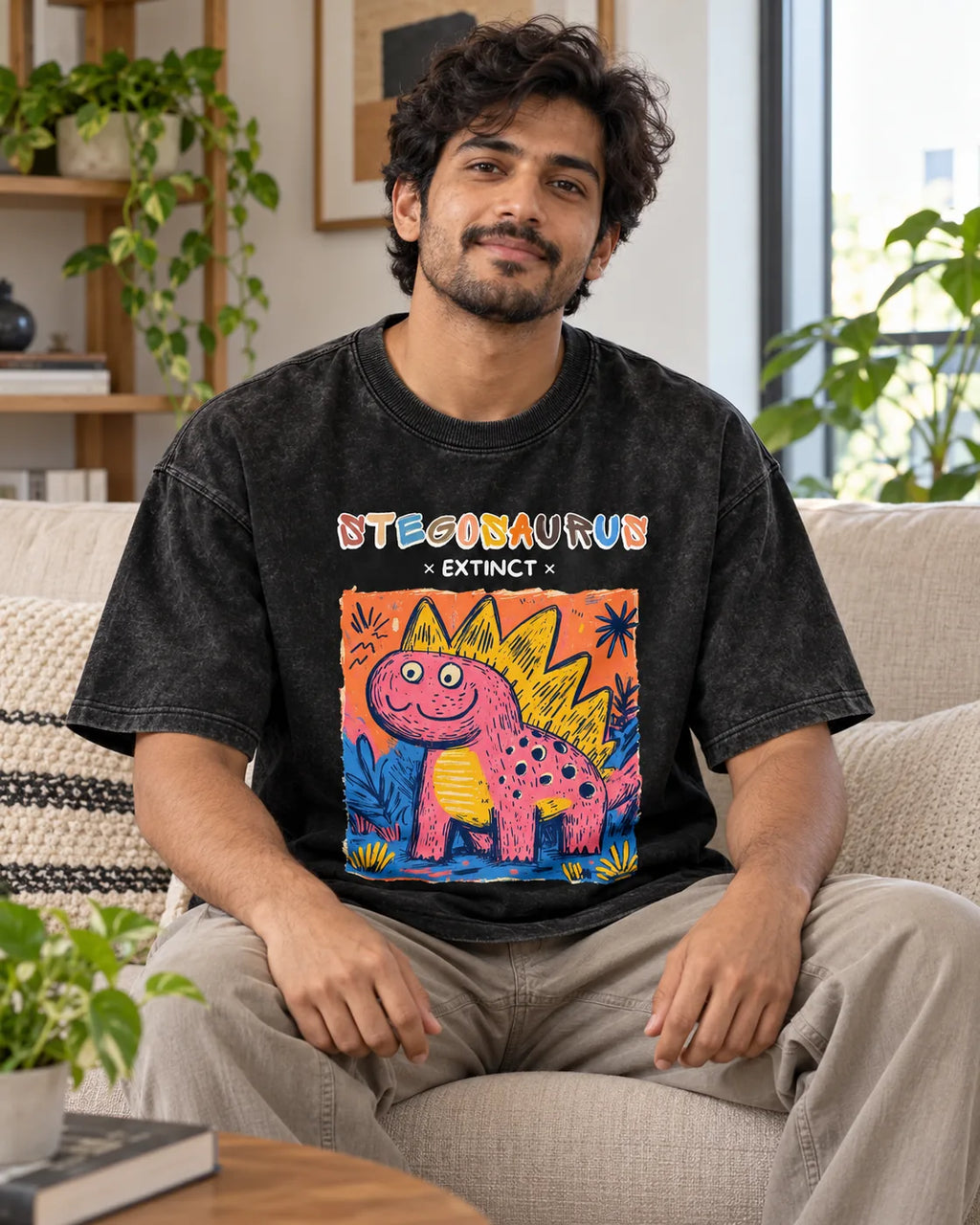 Model wearing the Stegosaurus black acid wash oversized T-shirt seated on a sofa, Fourth Dimension Club