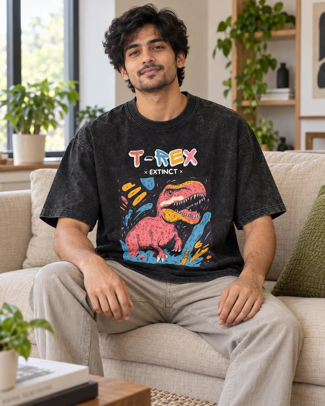 Model wearing the T-Rex black acid wash oversized T-shirt seated on a sofa, Fourth Dimension Club