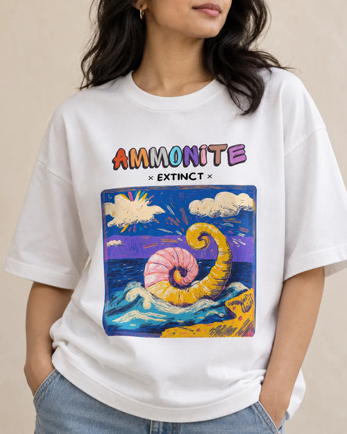 Close-up of the Ammonite Ancient Archives print on a white oversized French terry T-shirt