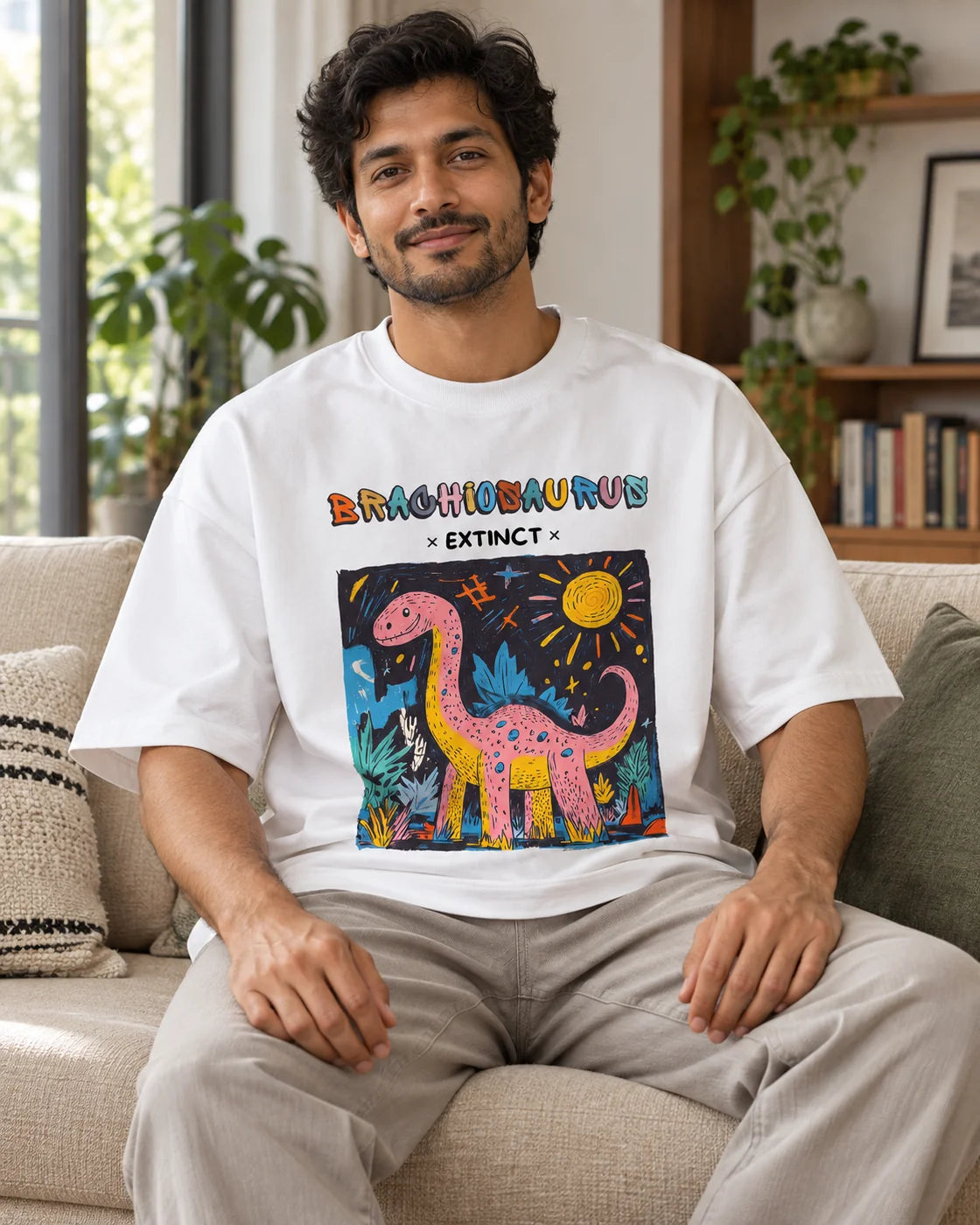 Model wearing the Brachiosaurus white oversized French terry T-shirt seated on a sofa, Fourth Dimension Club