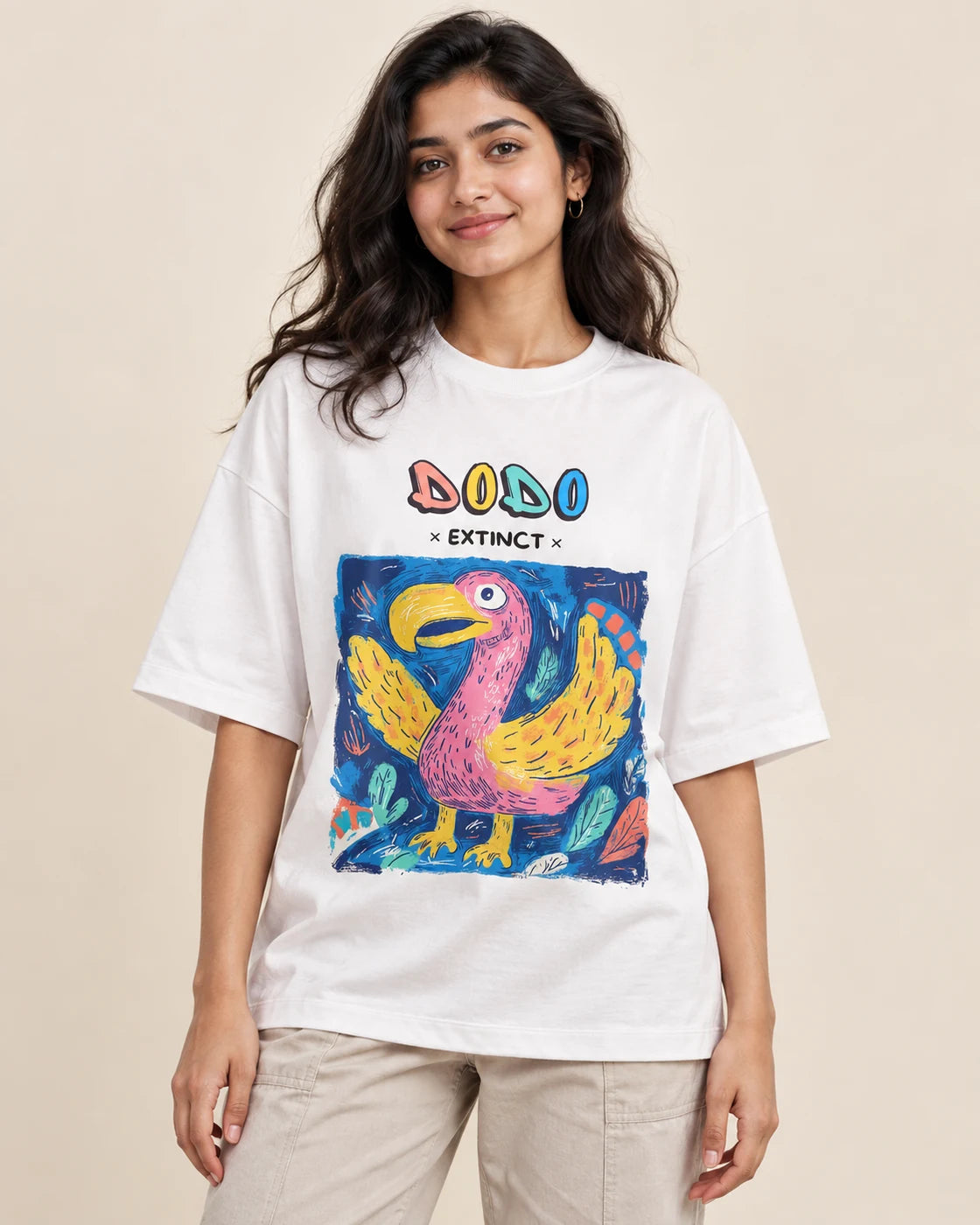 Dodo white oversized French terry T-shirt from the Ancient Archives collection by Fourth Dimension Club, front view on model