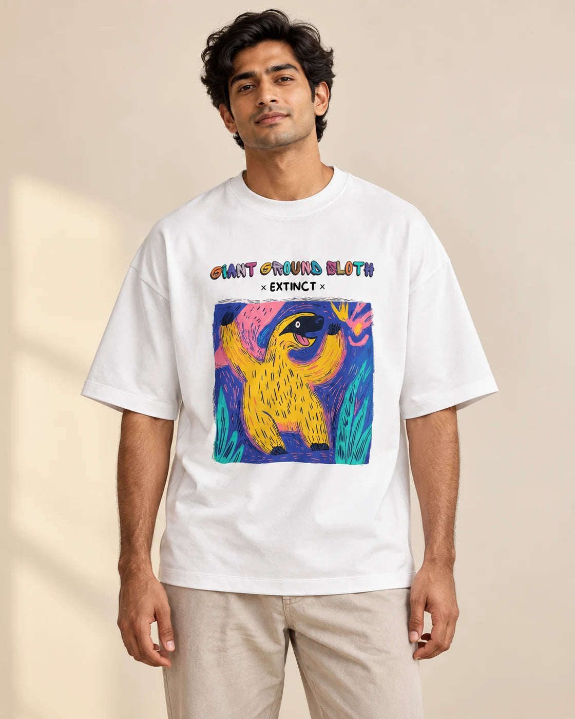Giant Ground Sloth white oversized French terry T-shirt from the Ancient Archives collection by Fourth Dimension Club, front view on model