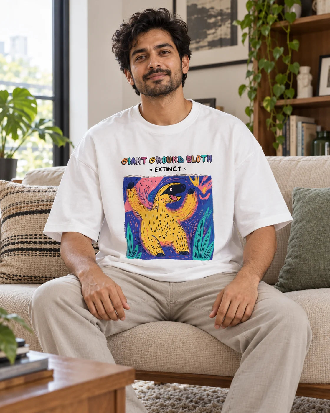 Model wearing the Giant Ground Sloth white oversized French terry T-shirt seated on a sofa, Fourth Dimension Club